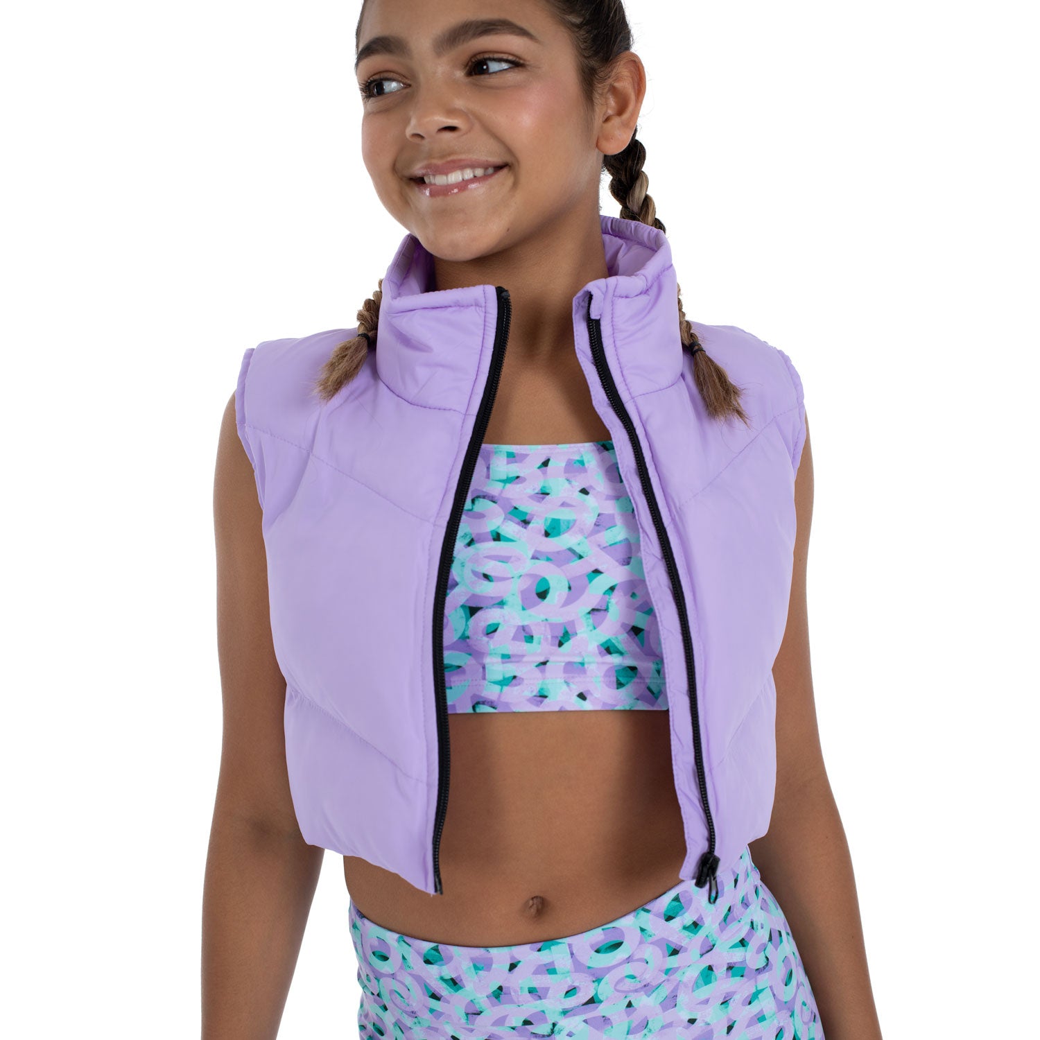 Flo Active Girls Crop Sleeveless Puffer Jacket in Lilac