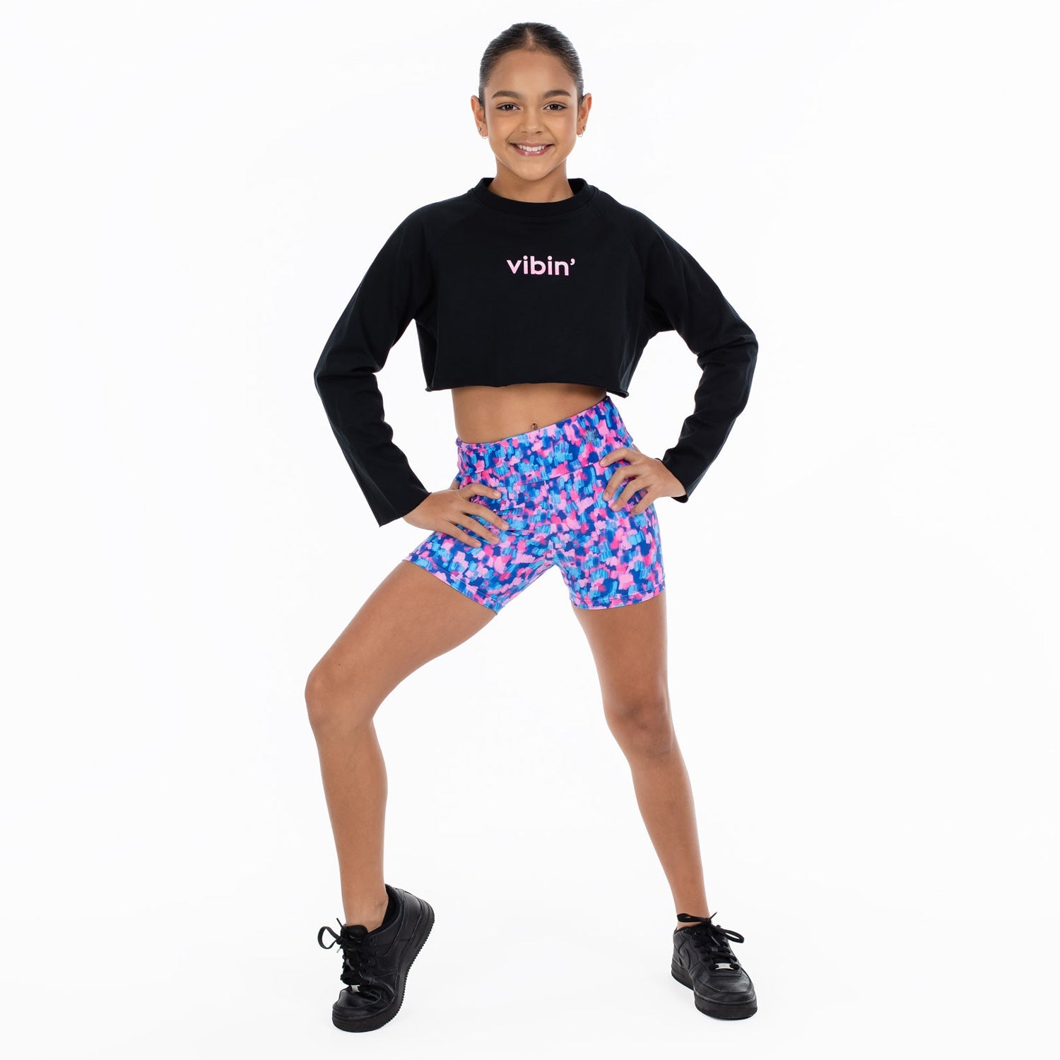 Flo Active Girls Long Sleeve Raw Edge Crop Tee in Black