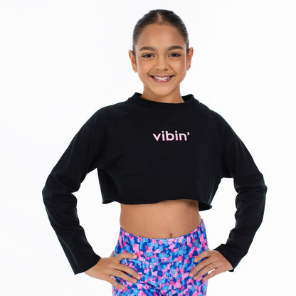 Flo Active Girls Long Sleeve Raw Edge Crop Tee in Black