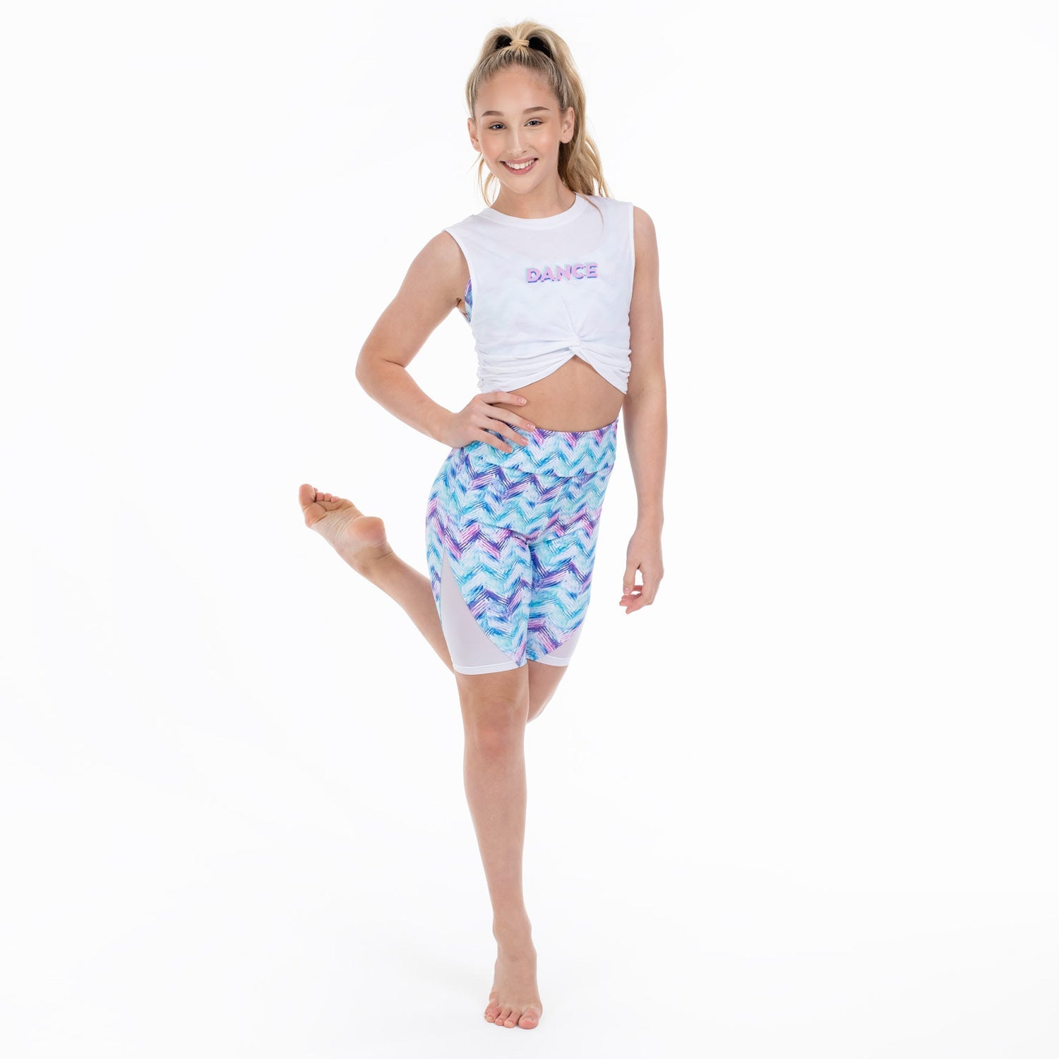 Flo Active Girls Tie Front Crop Tank with Dance Overlay Print