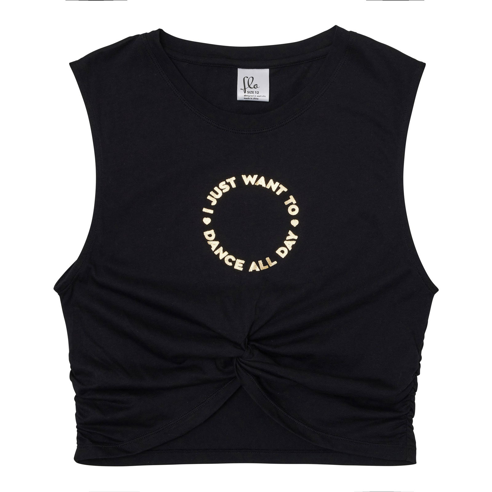 Flo Active Girls Tie Front Crop Tank with Gold Dance Print