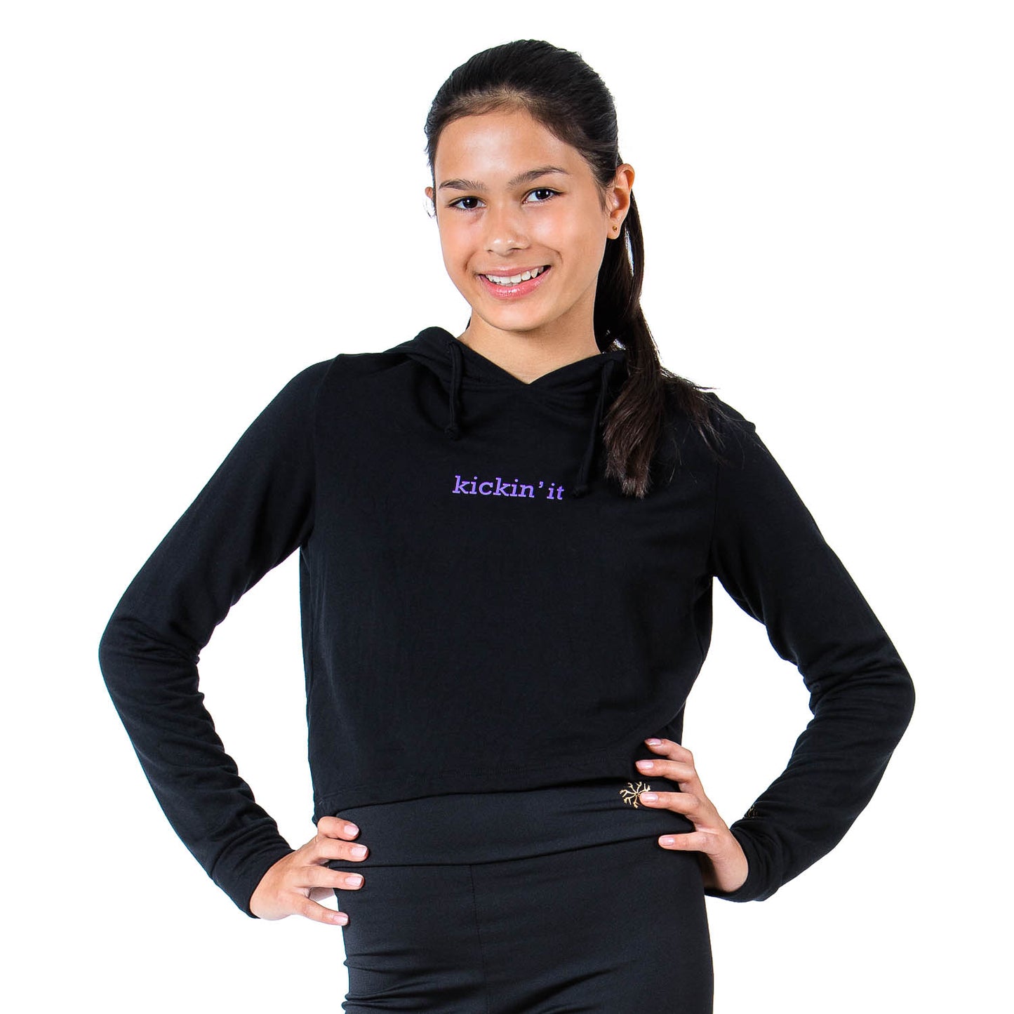 Flo Activewear Teen Crop Hoody in Black with Kickin It Print