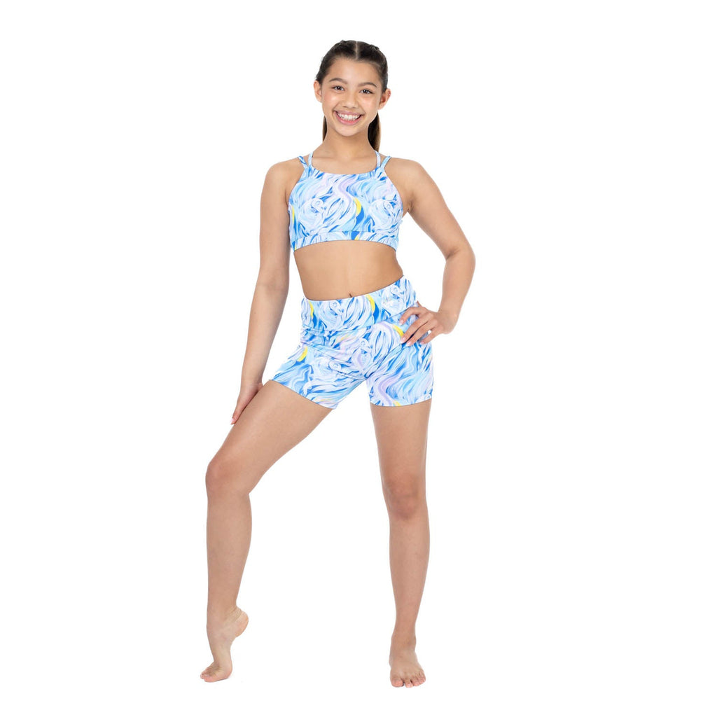 Flo Active Girls Mid Length Bike Short in Blue Ice Cream Swirls Print