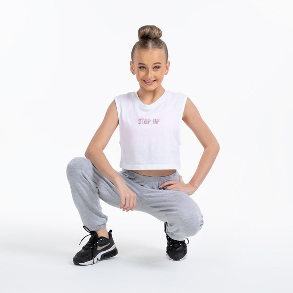 Flo Active Girls Crop Tank with Step Up Print White