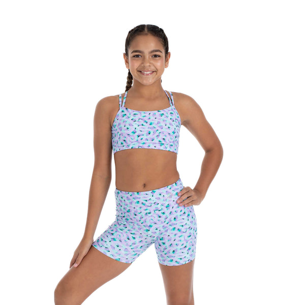 Flo Active Girls Mid Length Bike Short in Lilac Pathways Print